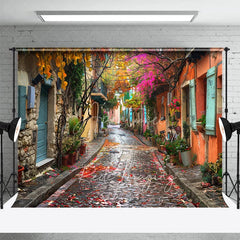 Aperturee - Aperturee Colorful Cobblestone Alley Backdrop European Street and Fallen Leaves Photography Background for Romantic Portrait