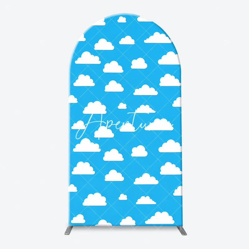 Aperturee - Aperturee Colorful Cow Print Blue Sky Cloud and Yellow Checkered Arch Backdrop Kit Kids Birthday Party Decor