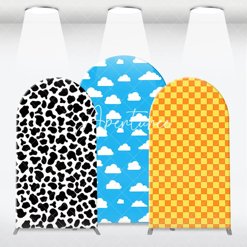 Aperturee - Aperturee Colorful Cow Print Blue Sky Cloud and Yellow Checkered Arch Backdrop Kit Kids Birthday Party Decor
