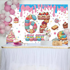 Aperturee - Aperturee Colorful Dessert Six Seven Birthday Backdrop with Macarons Cakes and Sprinkles for Sweet Celebration Party