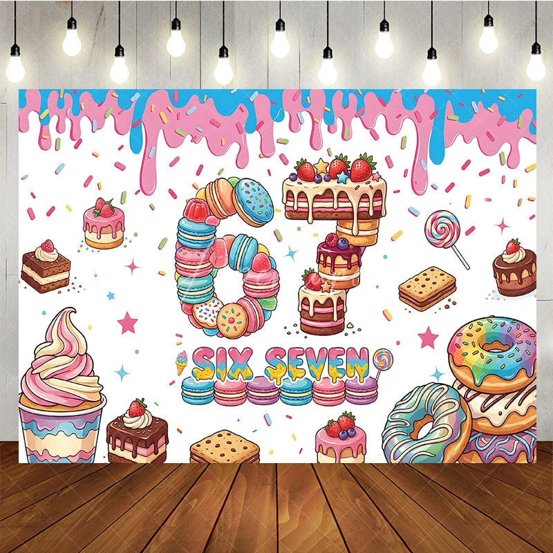 Aperturee - Aperturee Colorful Dessert Six Seven Birthday Backdrop with Macarons Cakes and Sprinkles for Sweet Celebration Party