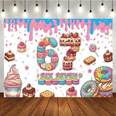 Aperturee - Aperturee Colorful Dessert Six Seven Birthday Backdrop with Macarons Cakes and Sprinkles for Sweet Celebration Party