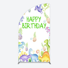 Aperturee - Aperturee Colorful Dinosaurs Eggs Happy Birthday Half Moon Arch Backdrop
