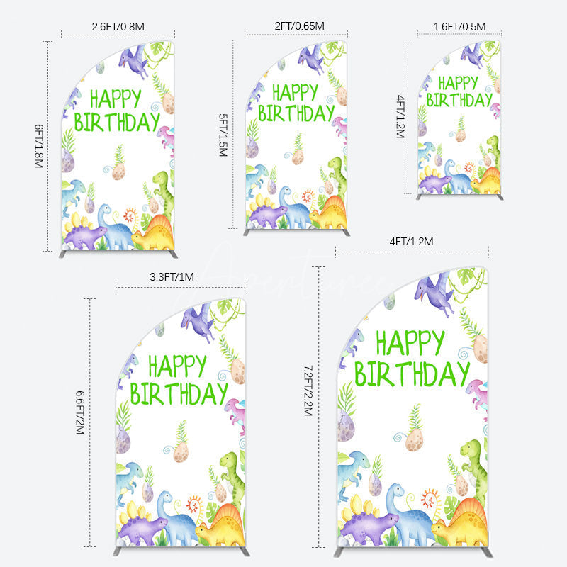 Aperturee - Aperturee Colorful Dinosaurs Eggs Happy Birthday Half Moon Arch Backdrop
