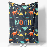 Aperturee - Aperturee Colorful Dinosaurs Navy Blue Custom Name Blanket