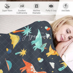 Aperturee - Aperturee Colorful Dinosaurs Navy Blue Custom Name Blanket