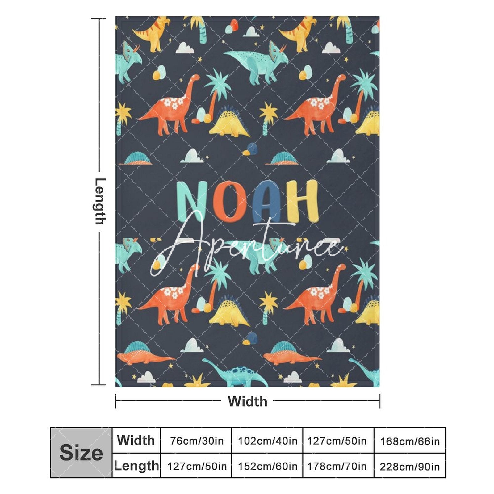 Aperturee - Aperturee Colorful Dinosaurs Navy Blue Custom Name Blanket