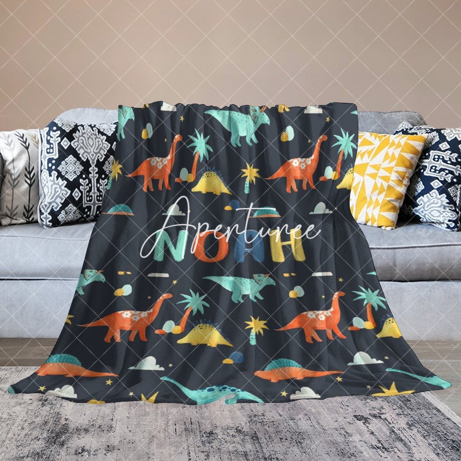 Aperturee - Aperturee Colorful Dinosaurs Navy Blue Custom Name Blanket