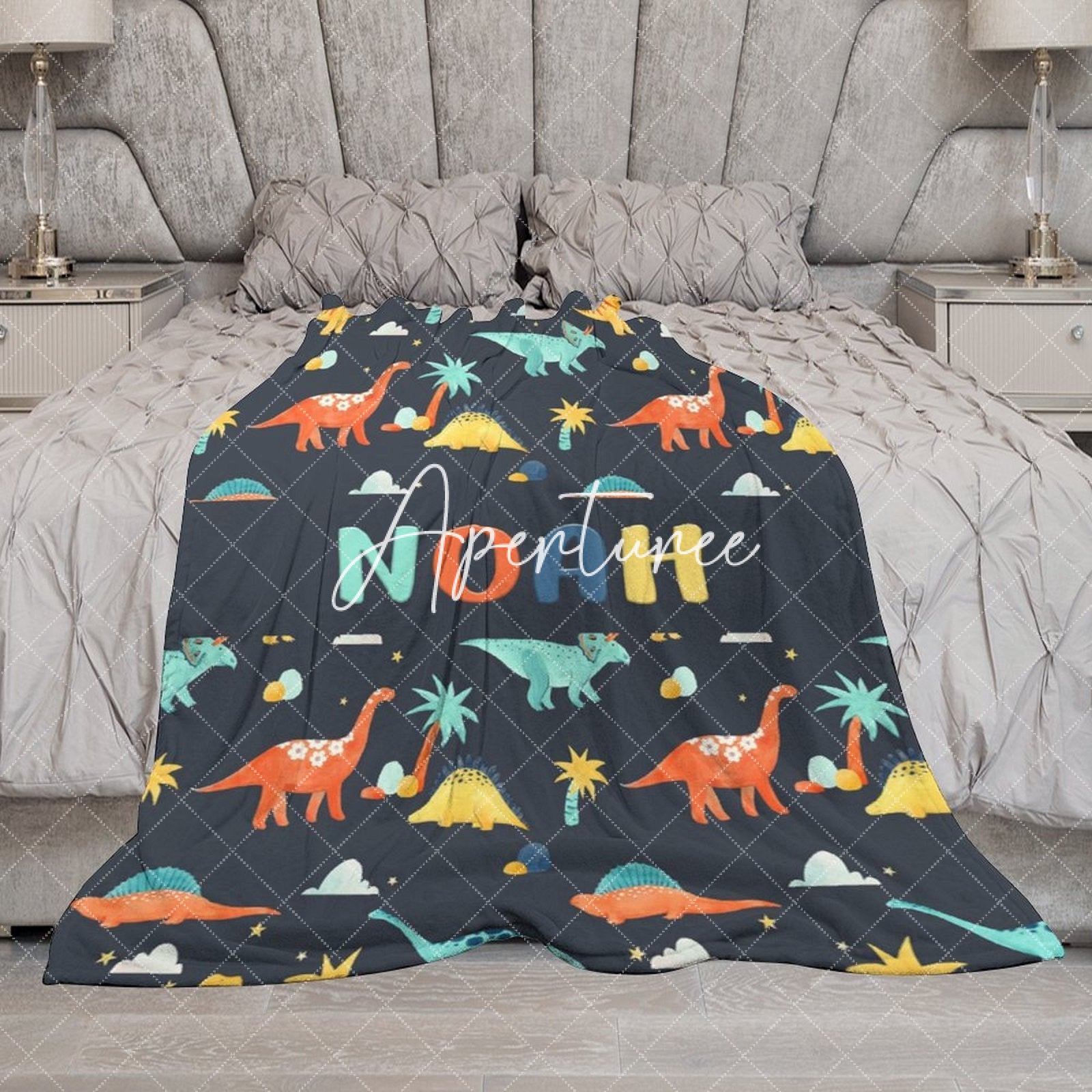 Aperturee - Aperturee Colorful Dinosaurs Navy Blue Custom Name Blanket