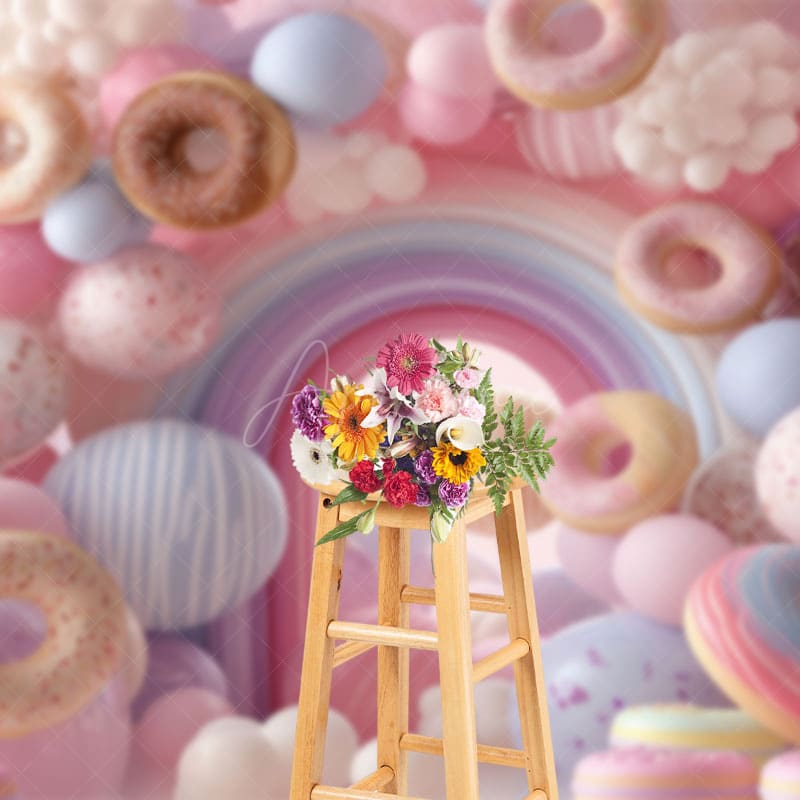 Aperturee - Aperturee Colorful Donuts Candyland Birthday Cake Smash Backdrop