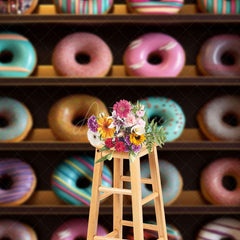 Aperturee - Aperturee Colorful Donuts Shelf Store Cake Smash Photo Backdrop