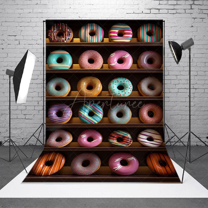 Aperturee - Aperturee Colorful Donuts Shelf Store Cake Smash Photo Backdrop