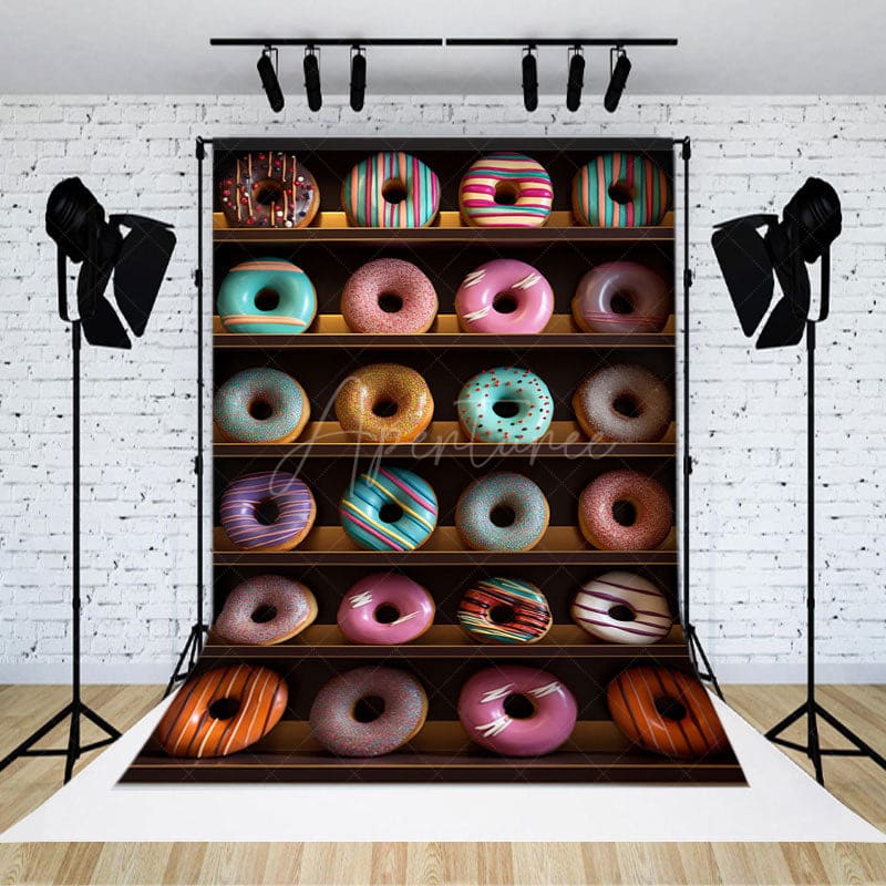 Aperturee - Aperturee Colorful Donuts Shelf Store Cake Smash Photo Backdrop