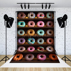 Aperturee - Aperturee Colorful Donuts Shelf Store Cake Smash Photo Backdrop