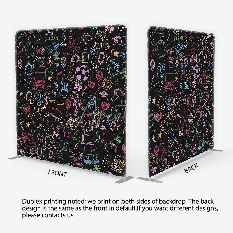 Aperturee - Aperturee Colorful Doodle School Supplies Square Double-Sided Backdrop Playful Learning Theme for Kids Photography