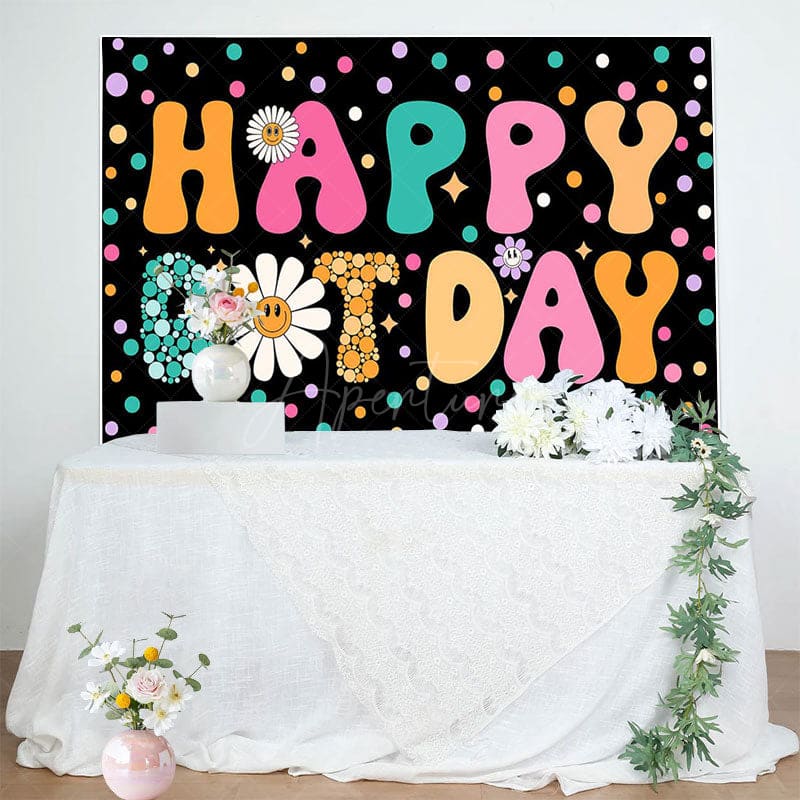 Aperturee - Aperturee Colorful Dots Floral Groovy Happy Birthday Backdrop