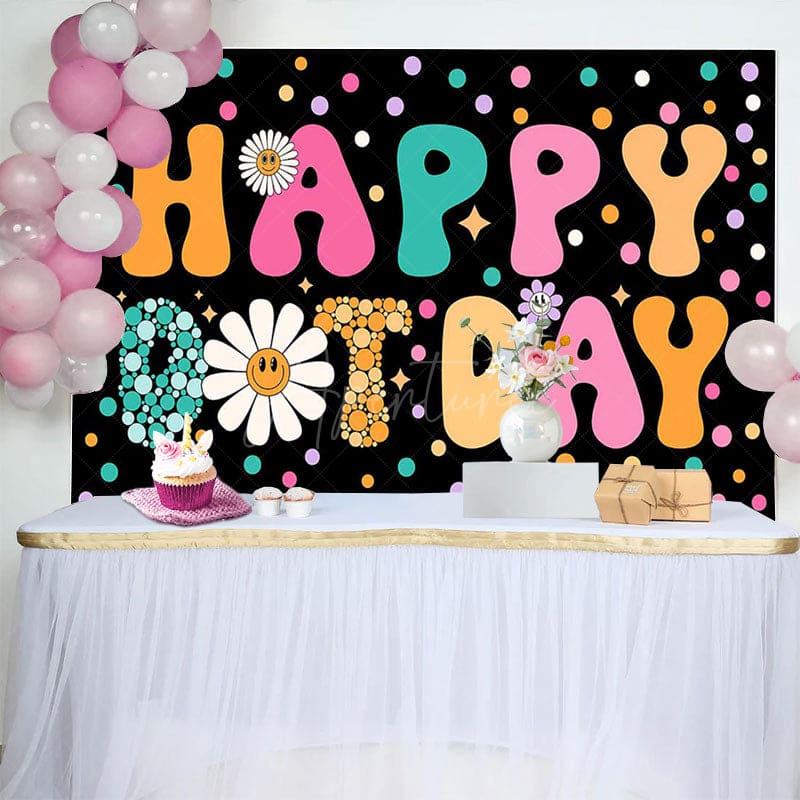 Aperturee - Aperturee Colorful Dots Floral Groovy Happy Birthday Backdrop