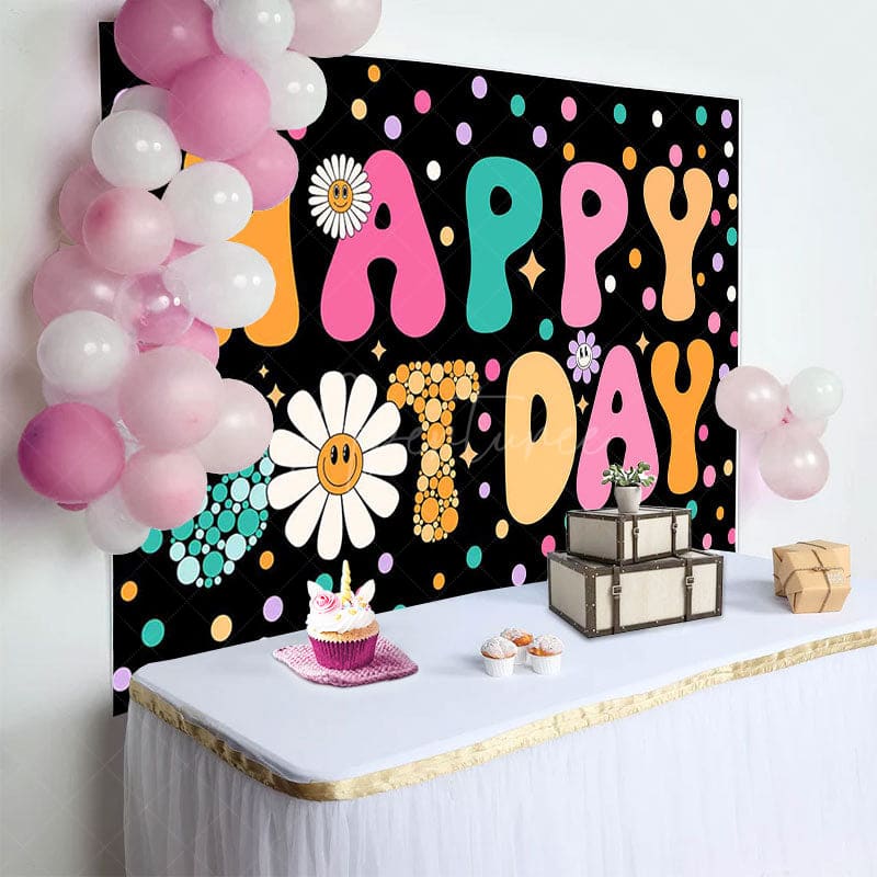 Aperturee - Aperturee Colorful Dots Floral Groovy Happy Birthday Backdrop