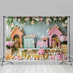 Aperturee - Aperturee Colorful Easter Train and Egg House Backdrop Spring Floral Garden and Hanging Eggs for Kids Birthday