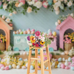 Aperturee - Aperturee Colorful Easter Train and Egg House Backdrop Spring Floral Garden and Hanging Eggs for Kids Birthday