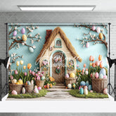 Aperturee - Aperturee Colorful Eggs Floral Bunny Hutch Easter Backdrop