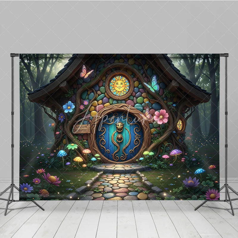 Aperturee - Aperturee Colorful Fairy Tale House Photography Backdrop with Enchanted Forest Whimsical Mushrooms and Glowing Flowers