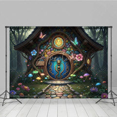 Aperturee - Aperturee Colorful Fairy Tale House Photography Backdrop with Enchanted Forest Whimsical Mushrooms and Glowing Flowers