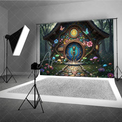 Aperturee - Aperturee Colorful Fairy Tale House Photography Backdrop with Enchanted Forest Whimsical Mushrooms and Glowing Flowers