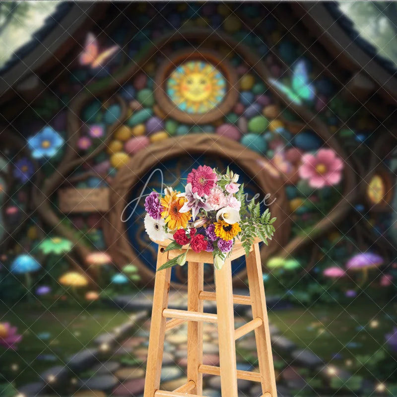 Aperturee - Aperturee Colorful Fairy Tale House Photography Backdrop with Enchanted Forest Whimsical Mushrooms and Glowing Flowers