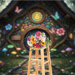 Aperturee - Aperturee Colorful Fairy Tale House Photography Backdrop with Enchanted Forest Whimsical Mushrooms and Glowing Flowers