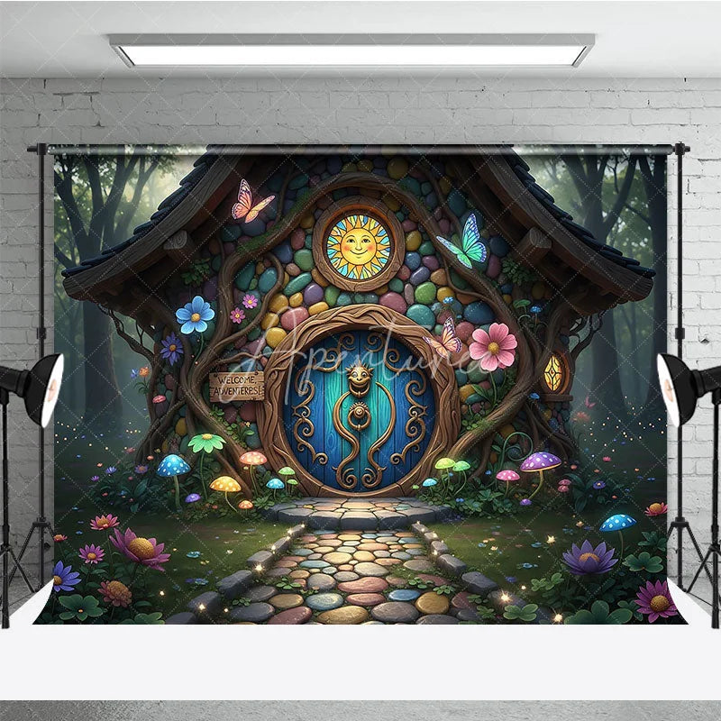 Aperturee - Aperturee Colorful Fairy Tale House Photography Backdrop with Enchanted Forest Whimsical Mushrooms and Glowing Flowers