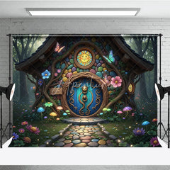 Aperturee - Aperturee Colorful Fairy Tale House Photography Backdrop with Enchanted Forest Whimsical Mushrooms and Glowing Flowers