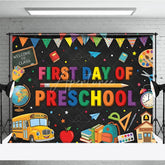 Aperturee - Aperturee Colorful First Day of Preschool Holiday Backdrop with School Bus and Books Welcome to Class Celebration