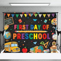 Aperturee - Aperturee Colorful First Day of Preschool Holiday Backdrop with School Bus and Books Welcome to Class Celebration