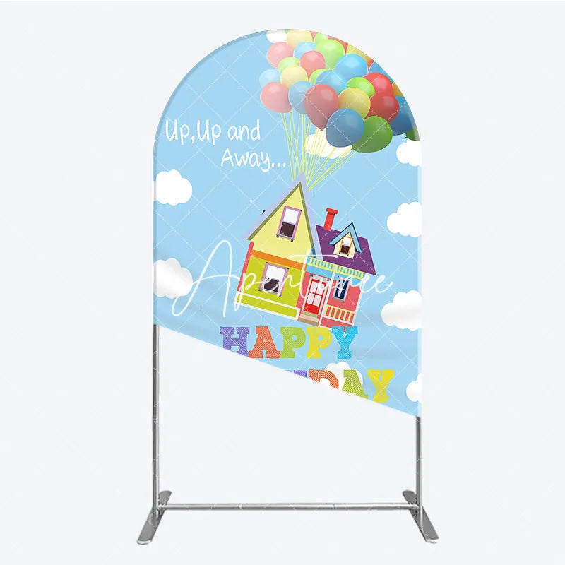 Aperturee - Aperturee Colorful Floating House and Balloons Happy Birthday Round Top Arch Backdrop Whimsical Party Decor.