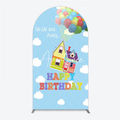 Aperturee - Aperturee Colorful Floating House and Balloons Happy Birthday Round Top Arch Backdrop Whimsical Party Decor.