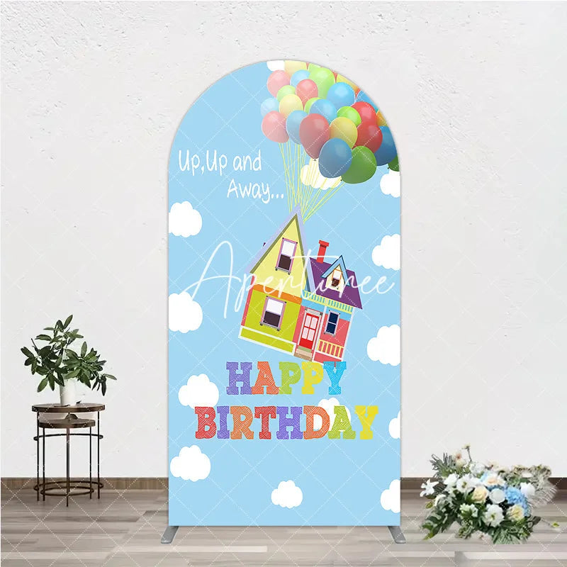 Aperturee - Aperturee Colorful Floating House and Balloons Happy Birthday Round Top Arch Backdrop Whimsical Party Decor.