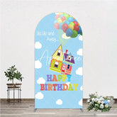 Aperturee - Aperturee Colorful Floating House and Balloons Happy Birthday Round Top Arch Backdrop Whimsical Party Decor.