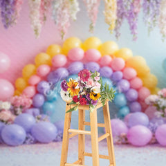 Aperturee - Aperturee Colorful Floral Balloon Birthday Cake Smash Backdrop