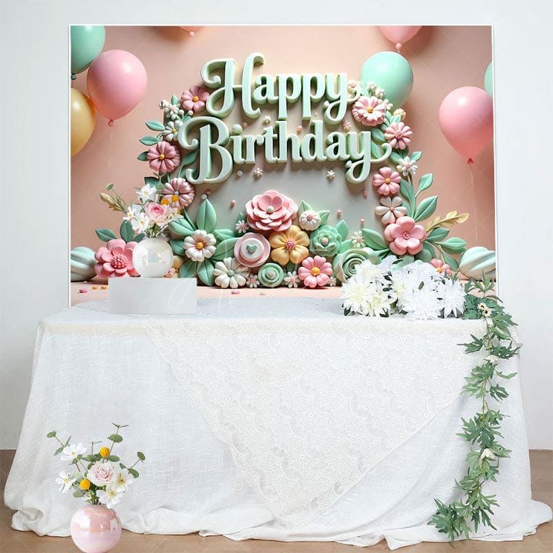 Aperturee - Aperturee Colorful Floral Balloons Happy Birthday Backdrop