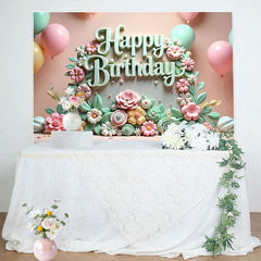 Aperturee - Aperturee Colorful Floral Balloons Happy Birthday Backdrop
