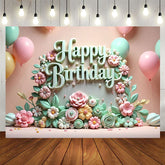 Aperturee - Aperturee Colorful Floral Balloons Happy Birthday Backdrop
