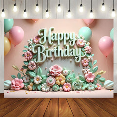 Aperturee - Aperturee Colorful Floral Balloons Happy Birthday Backdrop