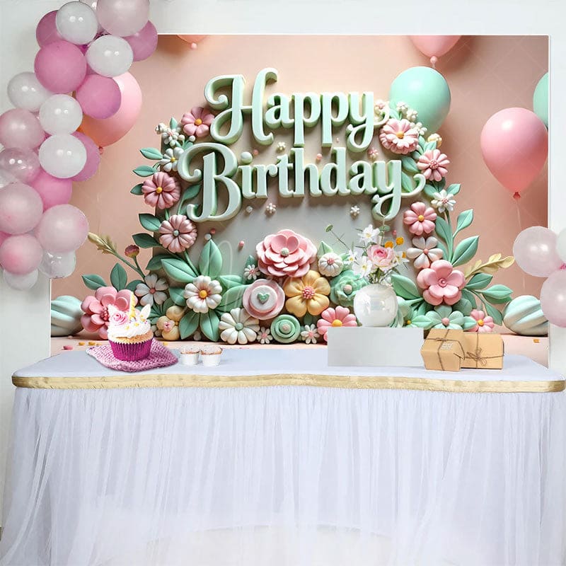 Aperturee - Aperturee Colorful Floral Balloons Happy Birthday Backdrop