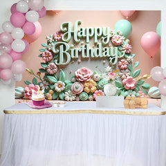 Aperturee - Aperturee Colorful Floral Balloons Happy Birthday Backdrop