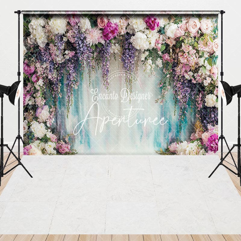 Aperturee - Aperturee Colorful Floral Blue White Wall Combo Set Backdrop