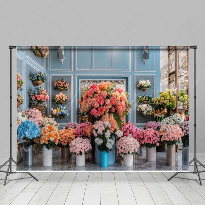 Aperturee - Aperturee Colorful Floral Bouquet Blue Room Wedding Backdrop
