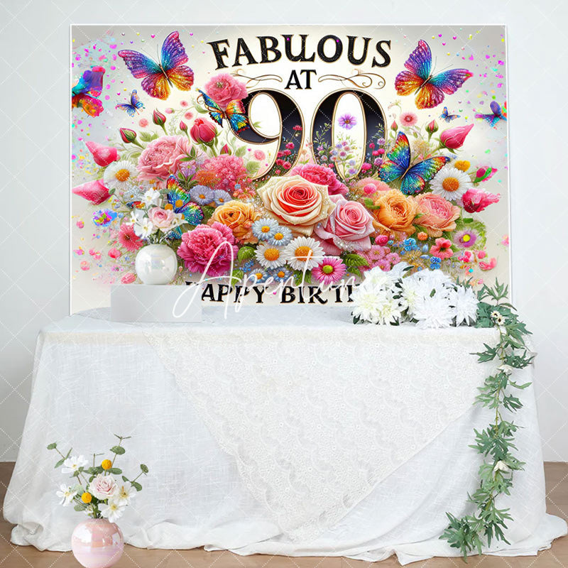 Aperturee - Aperturee Colorful Floral Butterfly Fabulous At 90 Backdrop