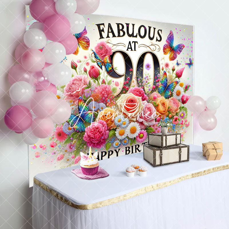 Aperturee - Aperturee Colorful Floral Butterfly Fabulous At 90 Backdrop