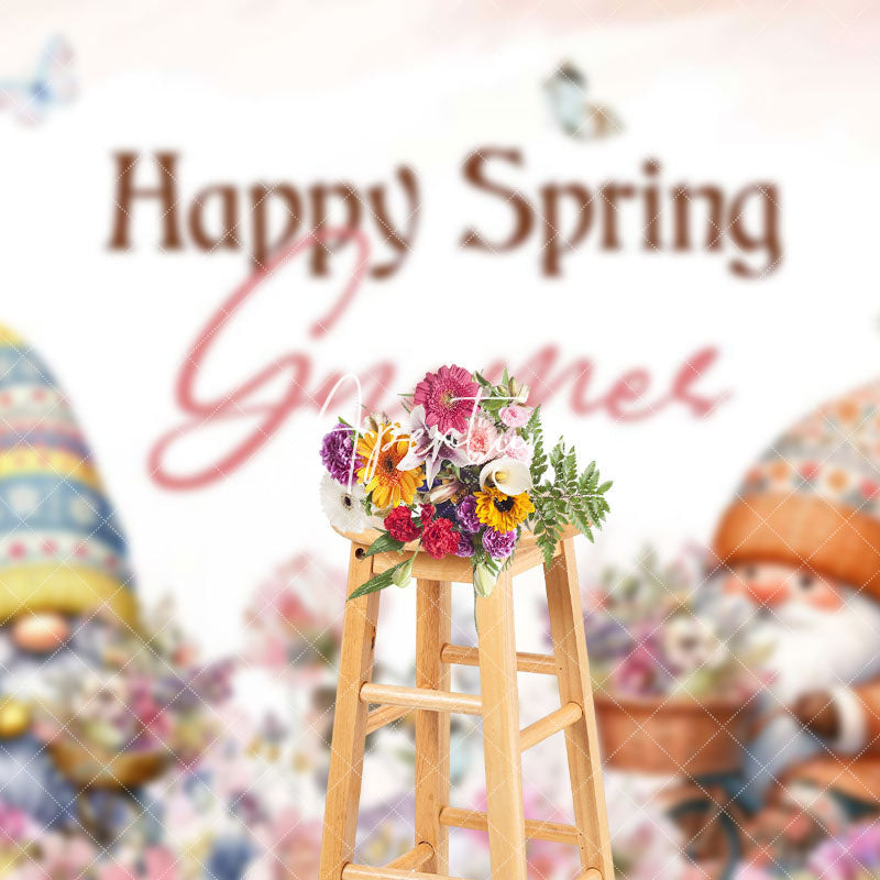 Aperturee - Aperturee Colorful Floral Butterfly Gnome Happy Spring Backdrop
